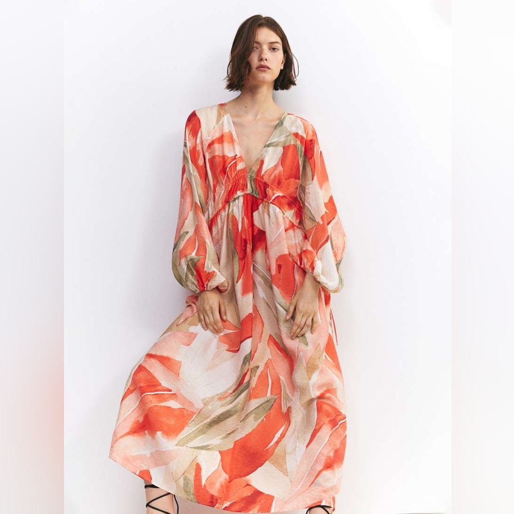H&M Drawstring Deep V Neck Vibrant Floral Maxi Dress EUC